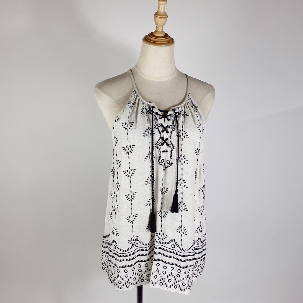 JOIE Gough Embroidered Lace Up Tassel Loose Fit Womens Tank Natural Black Small